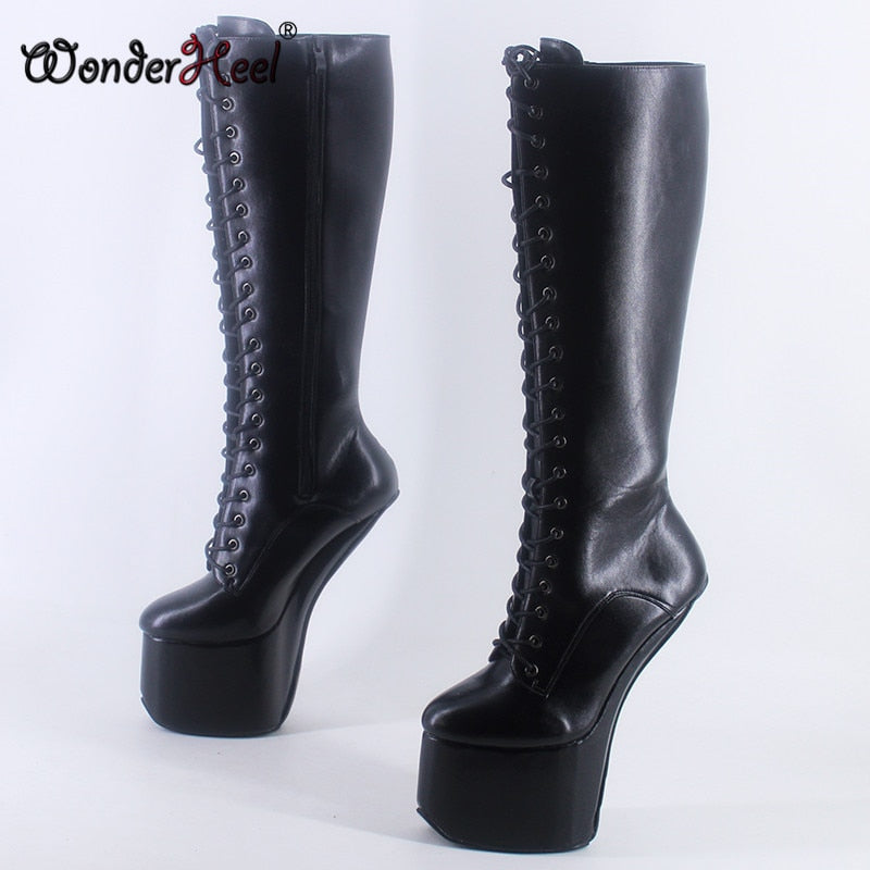 Wonderheel New 22cm Hoof Heels Matte Leather Sexy Fetish Cosplay With Platform Knee High Boots Lace Up Heelless Horse Shoes