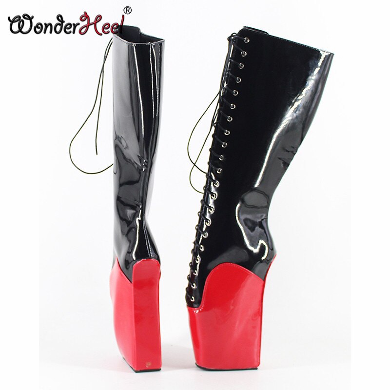 Wonderheel new ballet boots 20cm strange heel patent leather fashion sexy fetish lace up knee high ballet boots