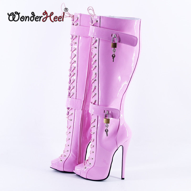 Wonderheel New 16cm Stiletto heel Pink Patent Leather Sexy Peep Toe Nightclub Lockable Padlocks Buckles Straps Knee High Boots