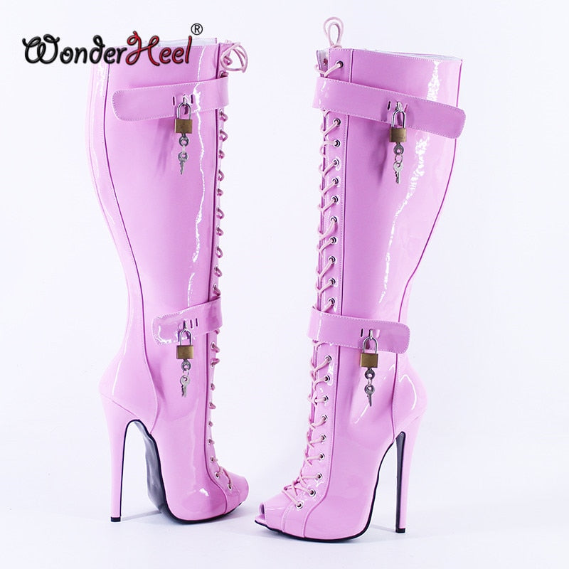 Wonderheel New 16cm Stiletto heel Pink Patent Leather Sexy Peep Toe Nightclub Lockable Padlocks Buckles Straps Knee High Boots