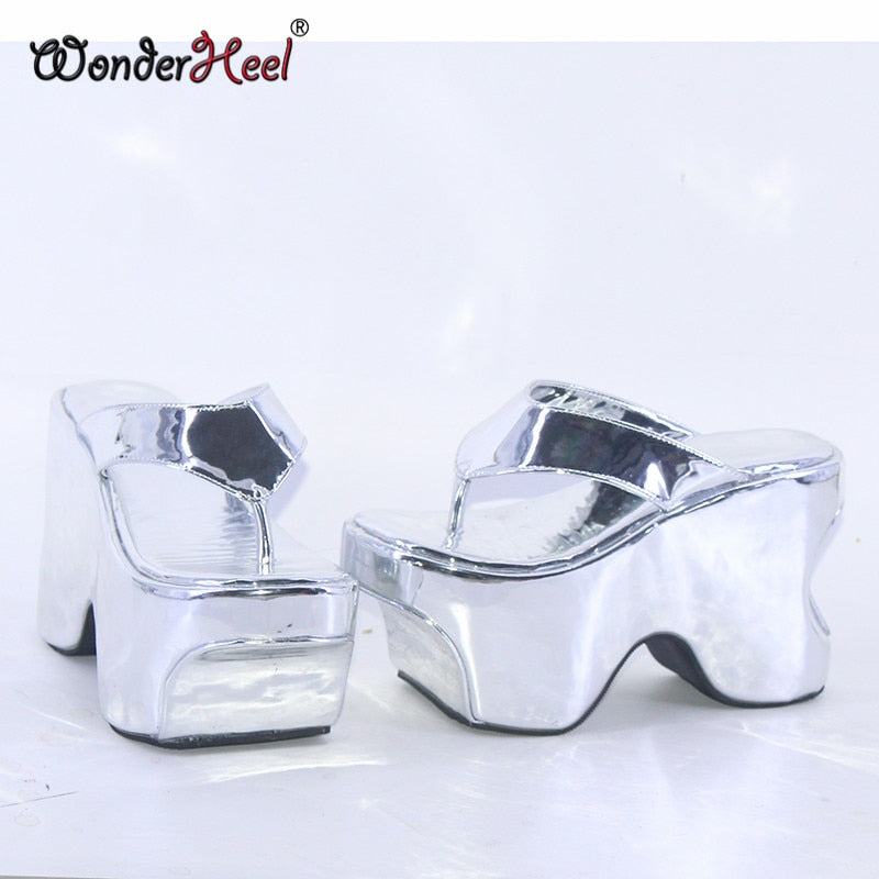 Wonderheel Summer 12cm Height Increasing Heels Platform Japanese Modern Women Sandals Mirror Leather Slip On Dropshipping