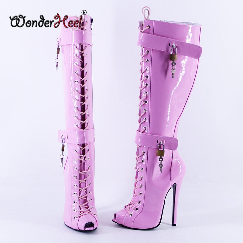 Wonderheel New 16cm Stiletto heel Pink Patent Leather Sexy Peep Toe Nightclub Lockable Padlocks Buckles Straps Knee High Boots