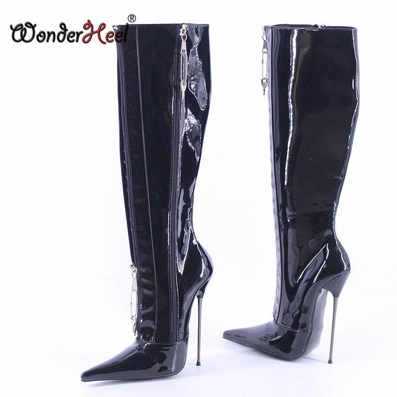 Wonderheel 16cm Stiletto Heel Extremely Pointed Toe Ultra Thin Metal Heel Locked Zipper Nightclub Sexy Girls Knee High Boots