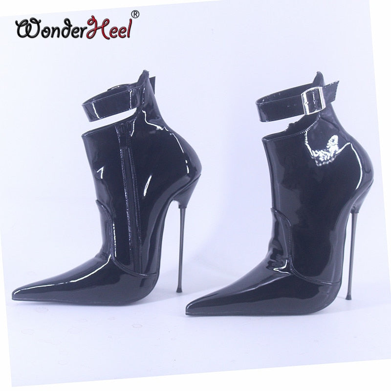 Wonderheel 16cm Stiletto Heel Extremely Pointed Toe Ultra Thin Metal Heel Nightclub Sexy Girls Buckles Straps Ankle Boots