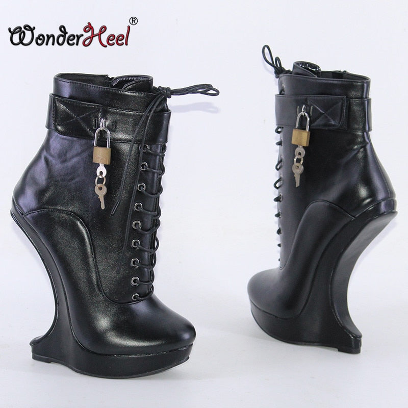 Wonderheel New Extreme High Heel 18cm with 3cm Platform Wedge Ankle boots Matte Leather Padlocks Nightclub Super Girl Sexy Boots