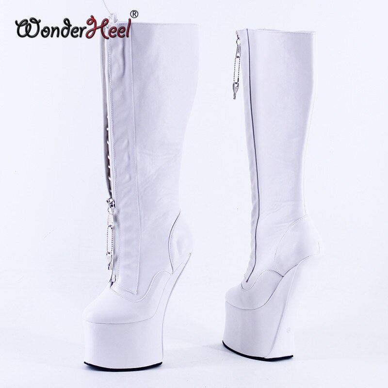 Wonderheel 20cm Hoof Heels Matte Leather Sexy Fetish Cosplay Platform Knee High Boots Lacing Locked Zipper Heelless Horse Shoes