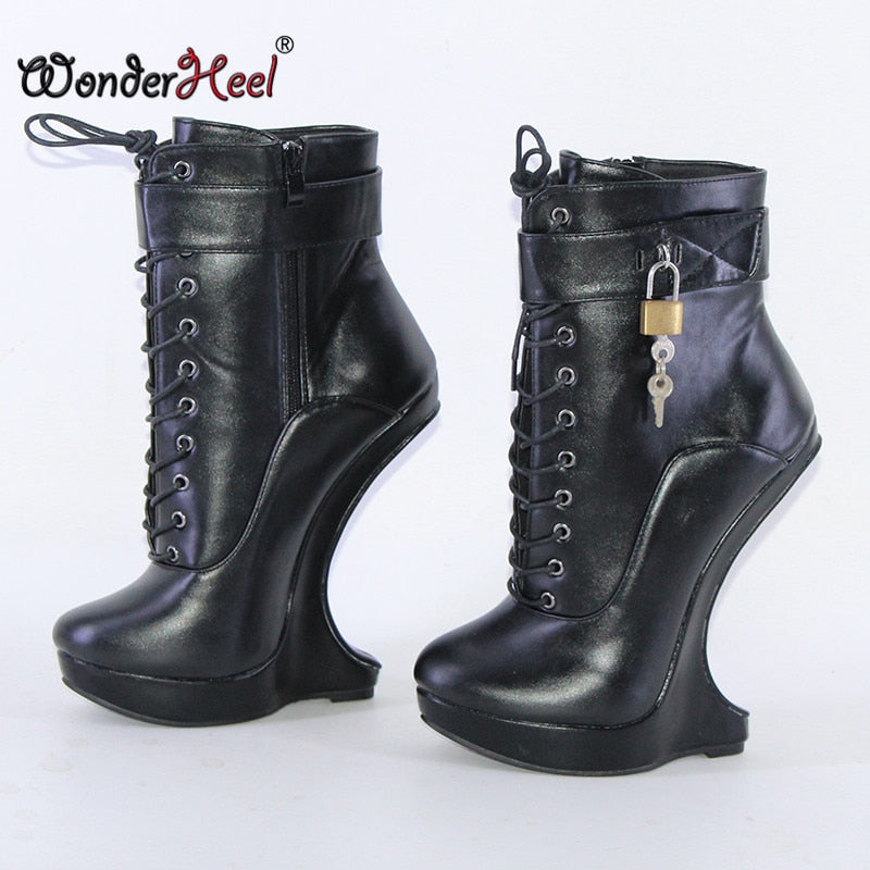 Wonderheel New Extreme High Heel 18cm with 3cm Platform Wedge Ankle boots Matte Leather Padlocks Nightclub Super Girl Sexy Boots