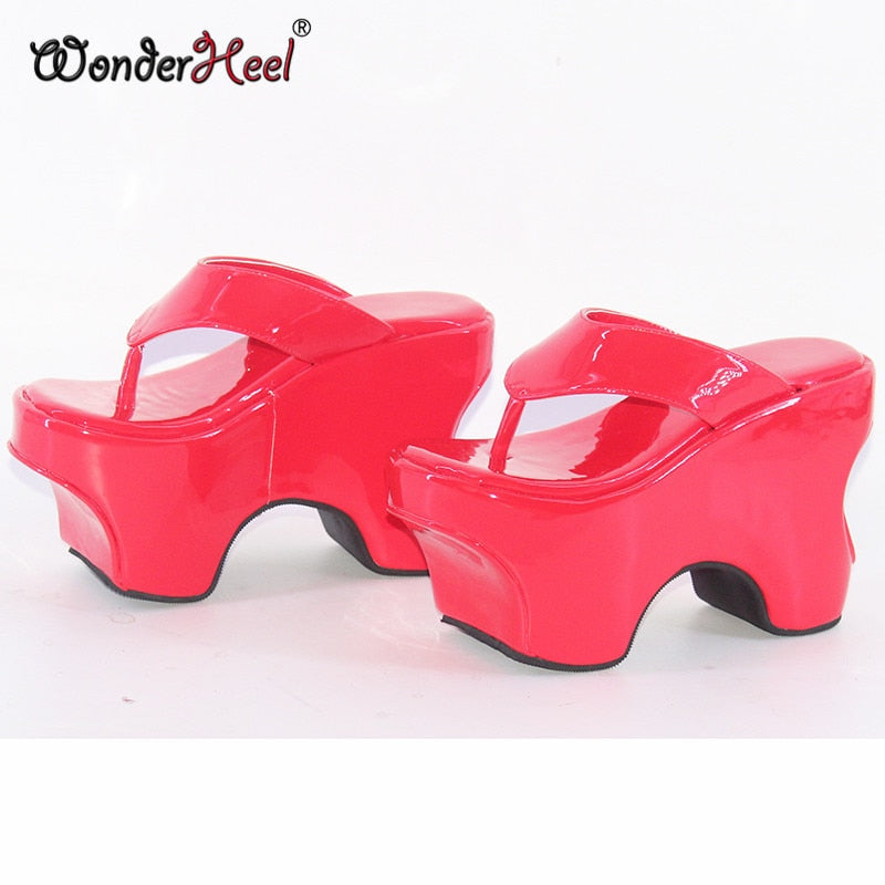 Wonderheel Summer 12cm Height Increasing Heels Platform Japanese Modern Women Sandals Mirror Leather Slip On Dropshipping