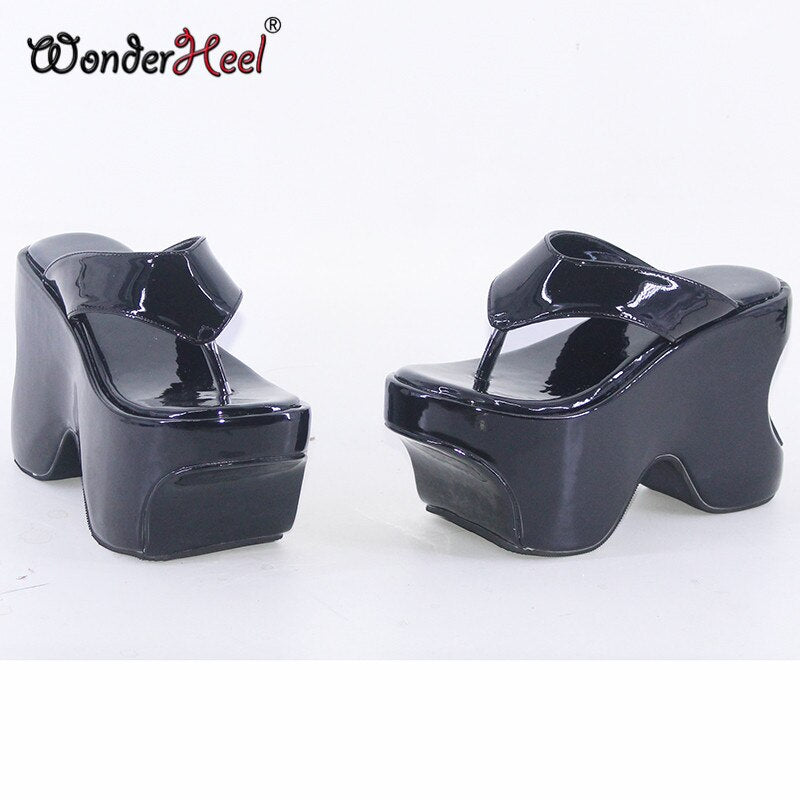 Wonderheel Summer 12cm Height Increasing Heels Platform Japanese Modern Women Sandals Mirror Leather Slip On Dropshipping