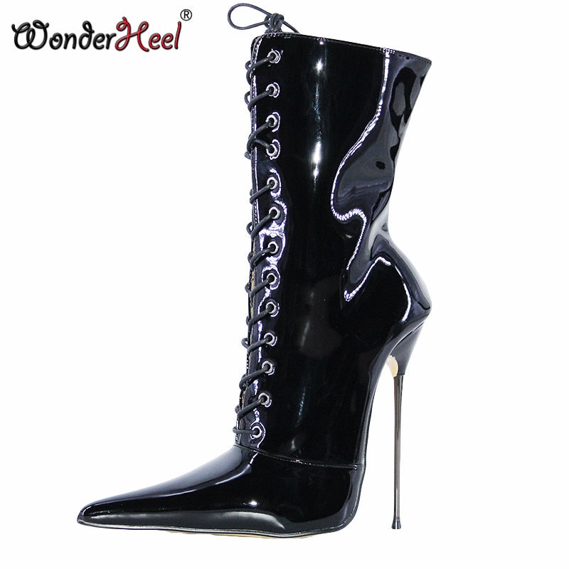 Wonderheel 14/16cm Stiletto Heel Extremely Pointed Toe Ultra Thin Metal Heel Nightclub Sexy Girls Leopard Lining Mid-calf Boots