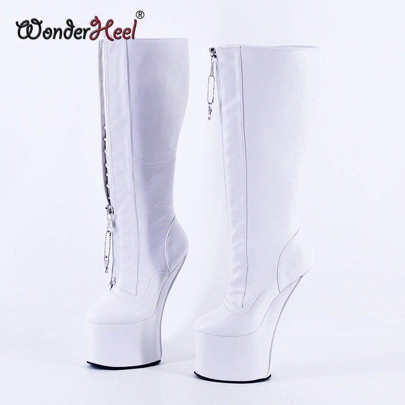 Wonderheel 20cm Hoof Heels Matte Leather Sexy Fetish Cosplay Platform Knee High Boots Lacing Locked Zipper Heelless Horse Shoes