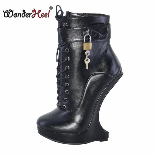 Wonderheel New Extreme High Heel 18cm with 3cm Platform Wedge Ankle boots Matte Leather Padlocks Nightclub Super Girl Sexy Boots