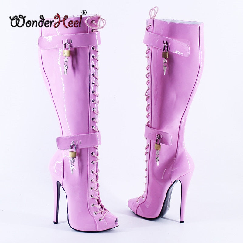 Wonderheel New 16cm Stiletto heel Pink Patent Leather Sexy Peep Toe Nightclub Lockable Padlocks Buckles Straps Knee High Boots