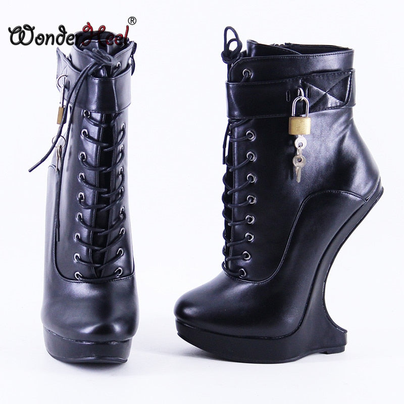 Wonderheel New Extreme High Heel 18cm with 3cm Platform Wedge Ankle boots Matte Leather Padlocks Nightclub Super Girl Sexy Boots