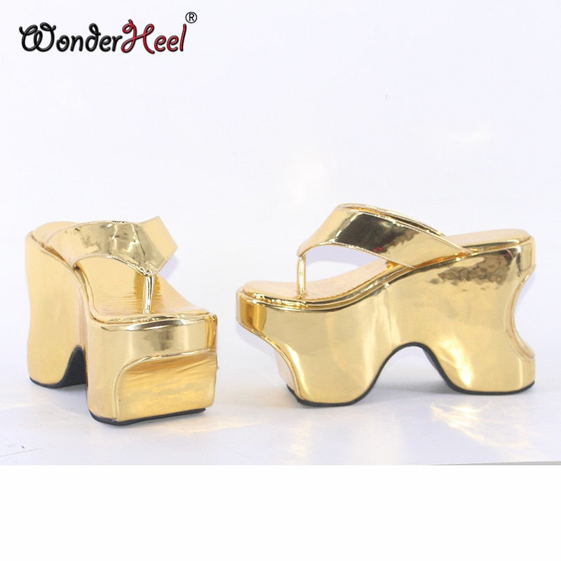 Wonderheel Summer 12cm Height Increasing Heels Platform Japanese Modern Women Sandals Mirror Leather Slip On Dropshipping