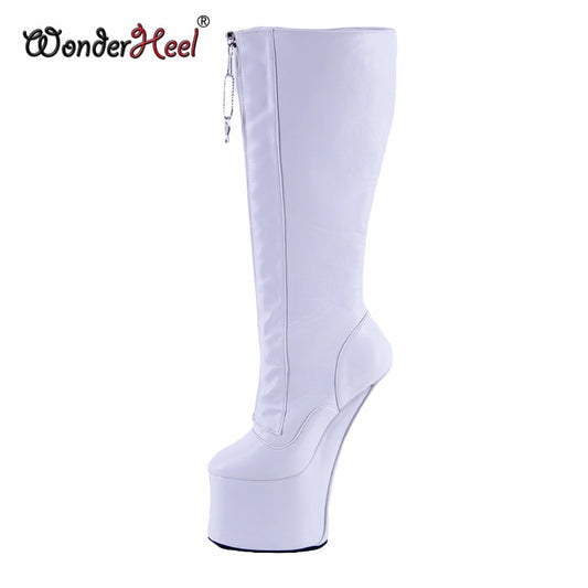 Wonderheel 20cm Hoof Heels Matte Leather Sexy Fetish Cosplay Platform Knee High Boots Lacing Locked Zipper Heelless Horse Shoes