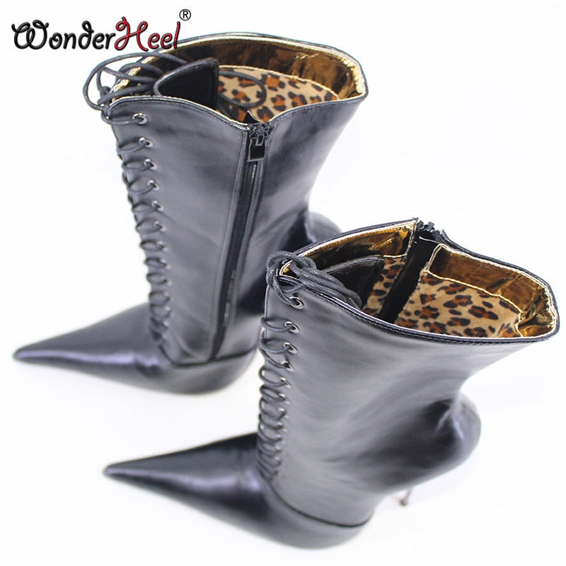 Wonderheel 14/16cm Stiletto Heel Extremely Pointed Toe Ultra Thin Metal Heel Nightclub Sexy Girls Leopard Lining Mid-calf Boots