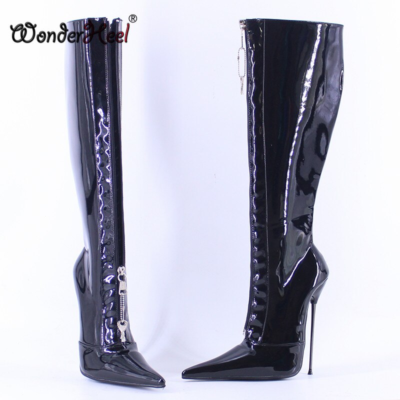 Wonderheel 16cm Stiletto Heel Extremely Pointed Toe Ultra Thin Metal Heel Locked Zipper Nightclub Sexy Girls Knee High Boots