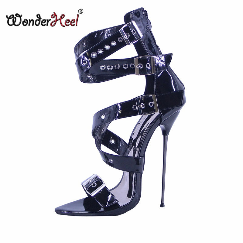 Wonderheel Summer Extreme Ultra Thin Heel 16cm Stiletto Heel Sexy Pointed Toe Buckles Straps Nightclub High Heels Sandals